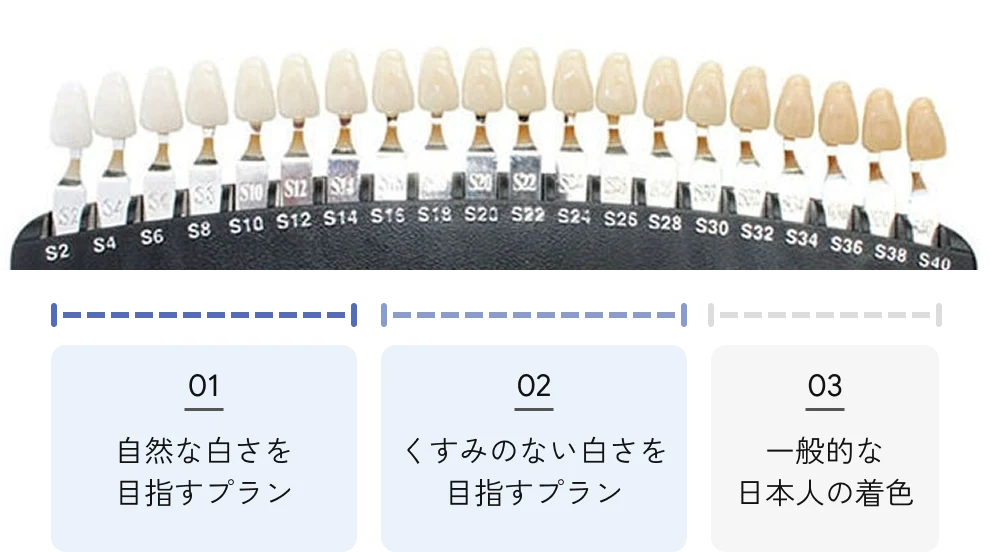 歯の色見本。01自然な白さを目指すプラン、02くすみのない白さを目指すプラン、03一般的な日本人の着色。